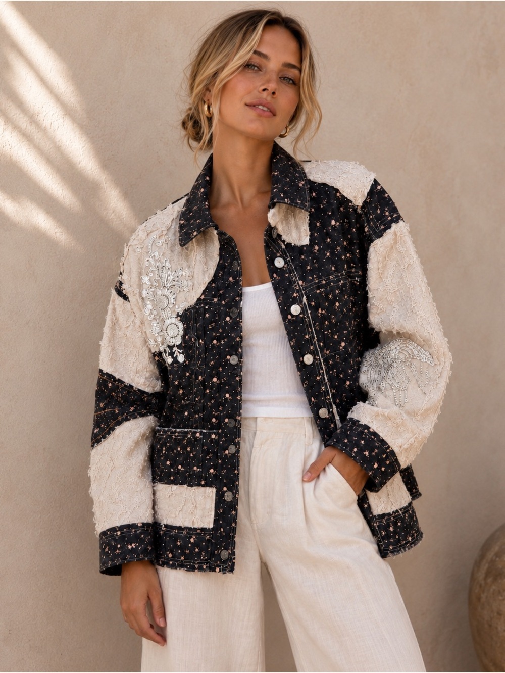 NWT POL Boho Patchwork Embellished Oversized Jacket Black & Ivory